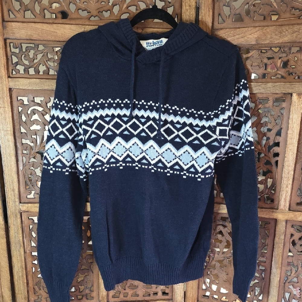 🌟 Urban Pipeline Dark Blue Geometric Men's Hooded Sweater Size Medium